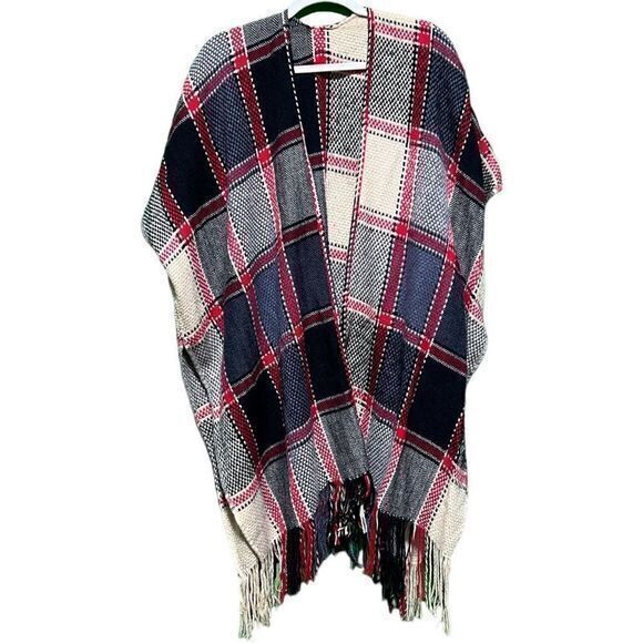 Women’s Fringed Cardigan Poncho‎ Plaid Blue White Red One Size Fits All - Picture 1 of 3